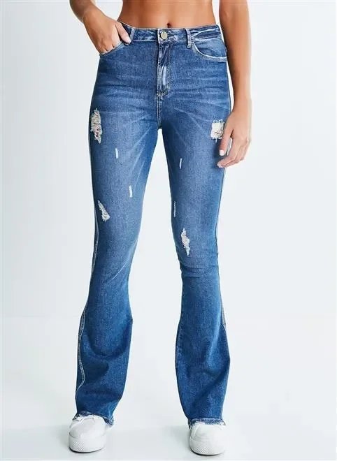 calça flare ca com puidos calça flare ca com puidos