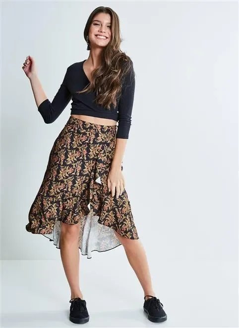 saia midi transpasse floral café saia midi transpasse floral café