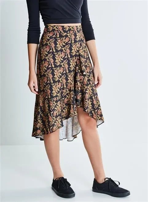 saia midi transpasse floral café saia midi transpasse floral café