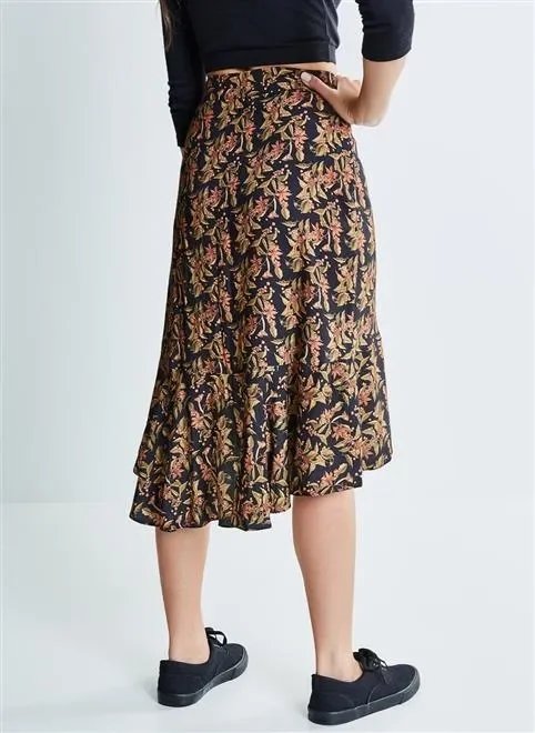 saia midi transpasse floral café saia midi transpasse floral café