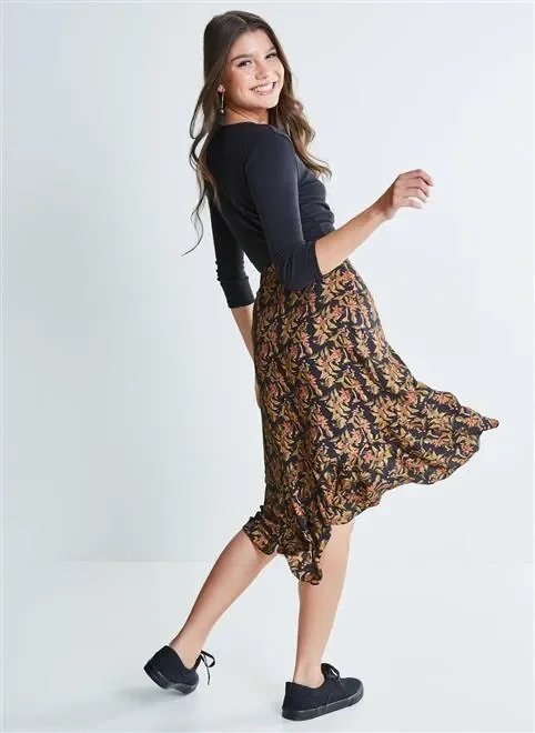 saia midi transpasse floral café saia midi transpasse floral café