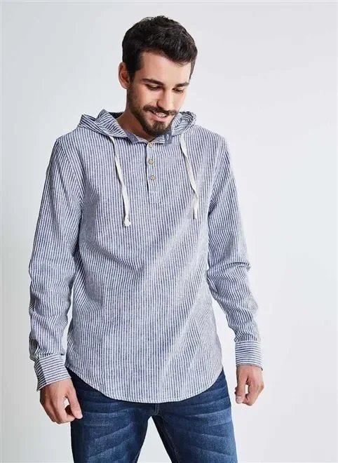 camisa em linho listrado com capuz camisa em linho listrado com capuz