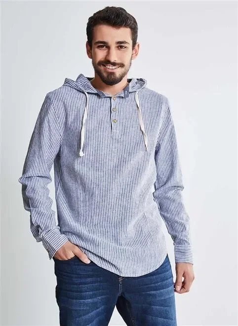camisa em linho listrado com capuz camisa em linho listrado com capuz
