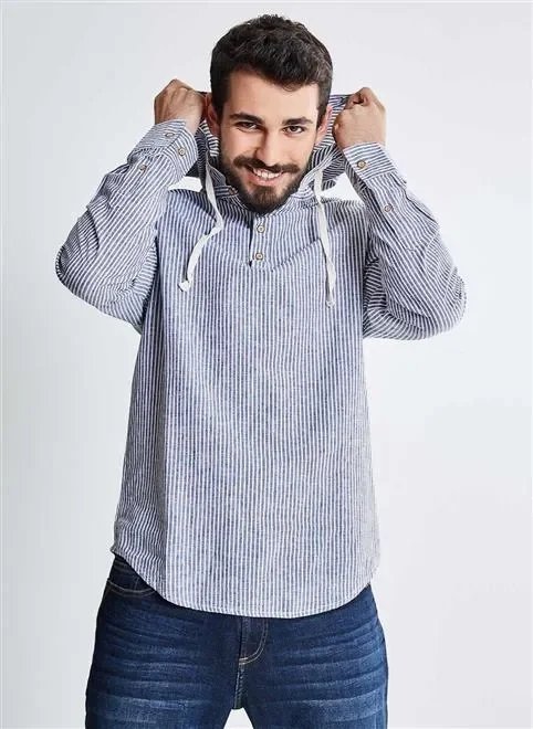 camisa em linho listrado com capuz camisa em linho listrado com capuz