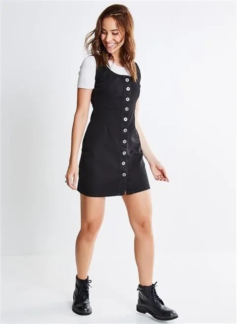 vestido sarja botões e recortes vestido sarja botões e recortes