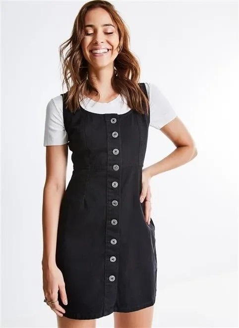 vestido sarja botões e recortes vestido sarja botões e recortes